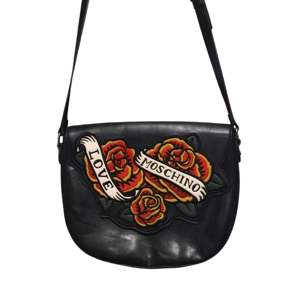 Love Moschino Black Leather Rose Tattoo Style Crossbody Saddle Bag Handbag Purse - Picture 3 of 7